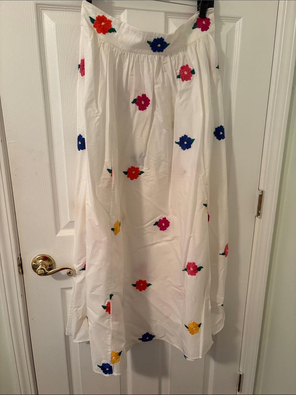 Sezane White Maxi Skirt with Pink, Blue, Orange & Yellow Floral Embroidery
